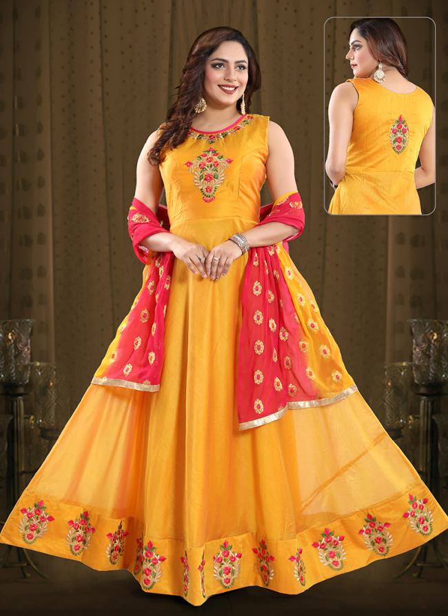 Golden Chanderi silk Festival Wear Resham embroidery work Gown
